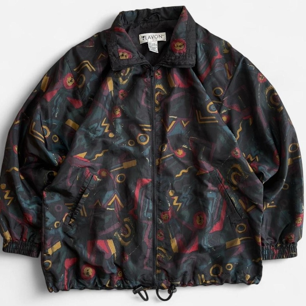 Vintage Lavon Retro 80s 90s Funky Geometric Pattern Black Windbreaker Jacket